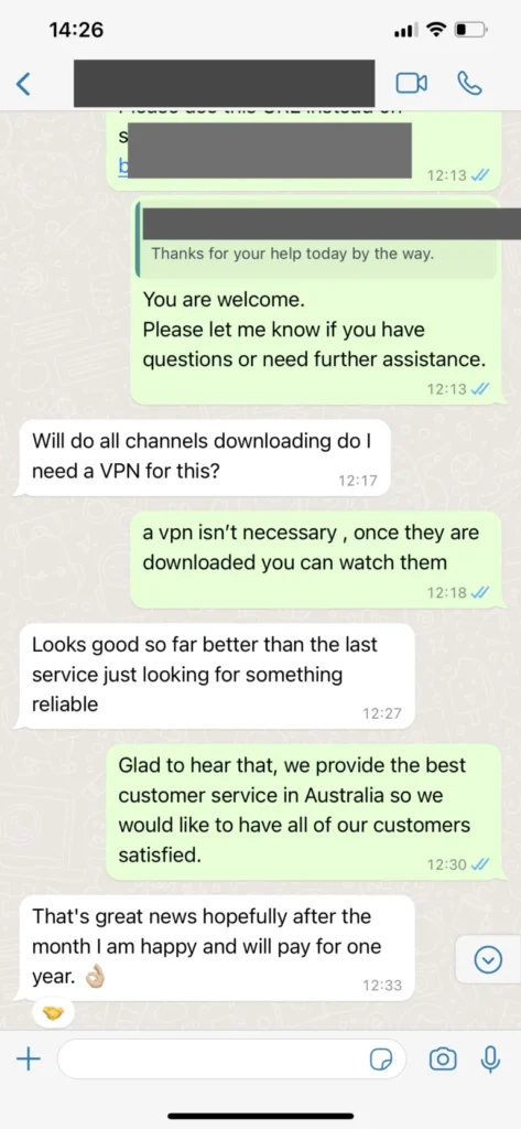 محادثة وتقييم عميل عبر واتساب لاشتراك IPTV رقم 3 عالي الجودة